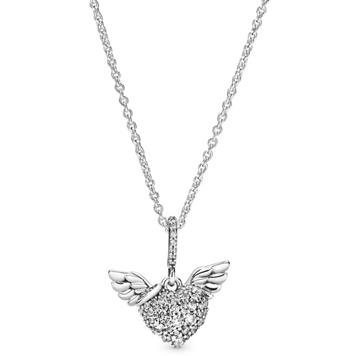 Pave Heart and Angel Wings Necklace