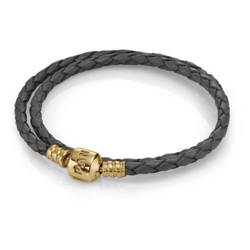 Retired Pandora Double Grey Leather Bracelet with 14K Clasp :: Pandora ...