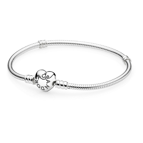 Sterling Silver Pandora Bracelet with Heart Clasp from Pandora Jewelry.  Item: 590719