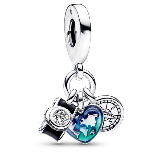 Camera, Heart and Compass Triple Dangle from Pandora Jewelry.  Item: 792703C01