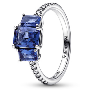 Blue Rectangular Three Stone Sparkling Ring