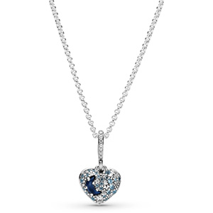 Sparkling Blue Moon and Stars Heart Necklace